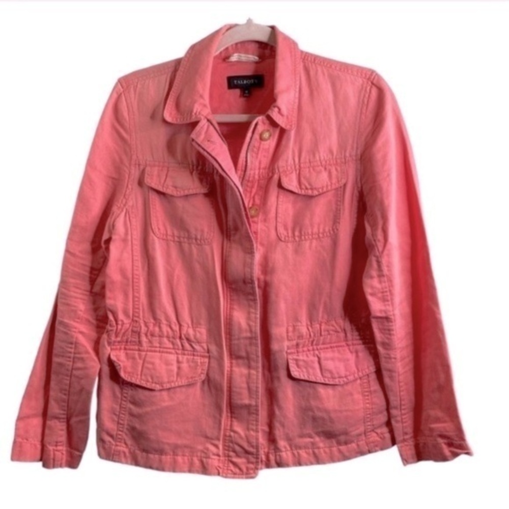 Talbots Cargo Jacket Lightweight Pink Coral Button Down Zipper Front size Medium
